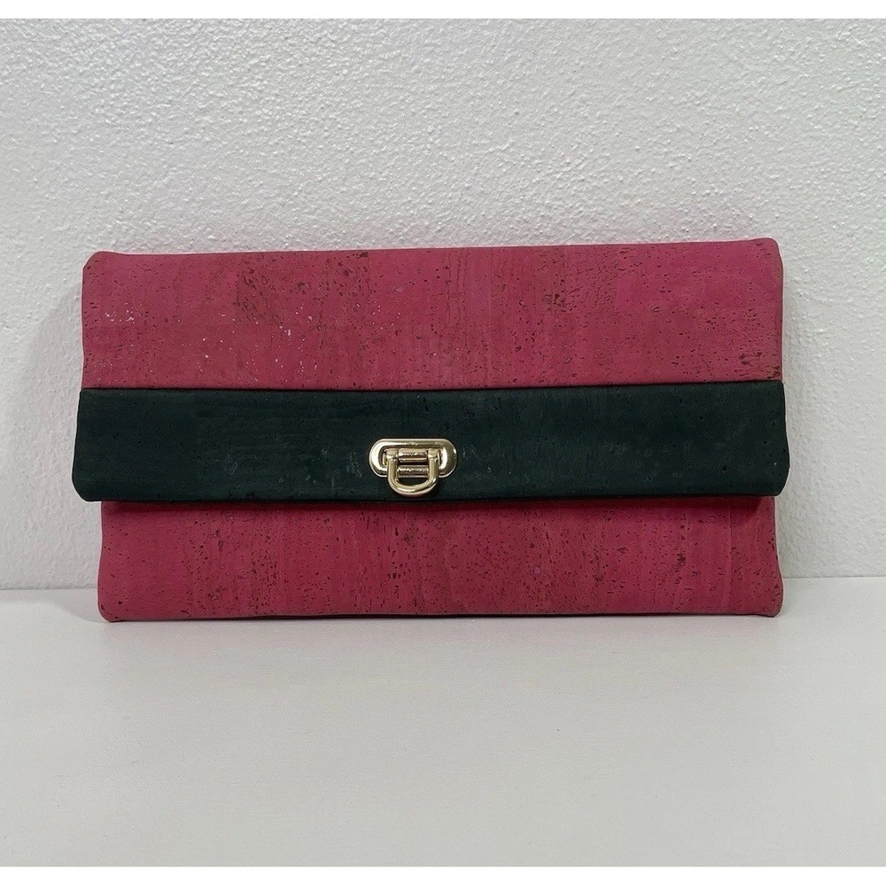 Cork Clutch Purse Pink Blue Monogram M Gold Tone Turn Lock 12x7" Summer Wedding